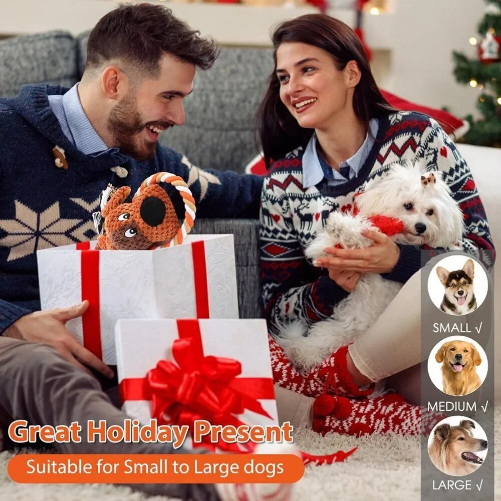 Plush Dog Toys with Rope, Squeaker & Crinkle Paper Interactive Squeaky Chew